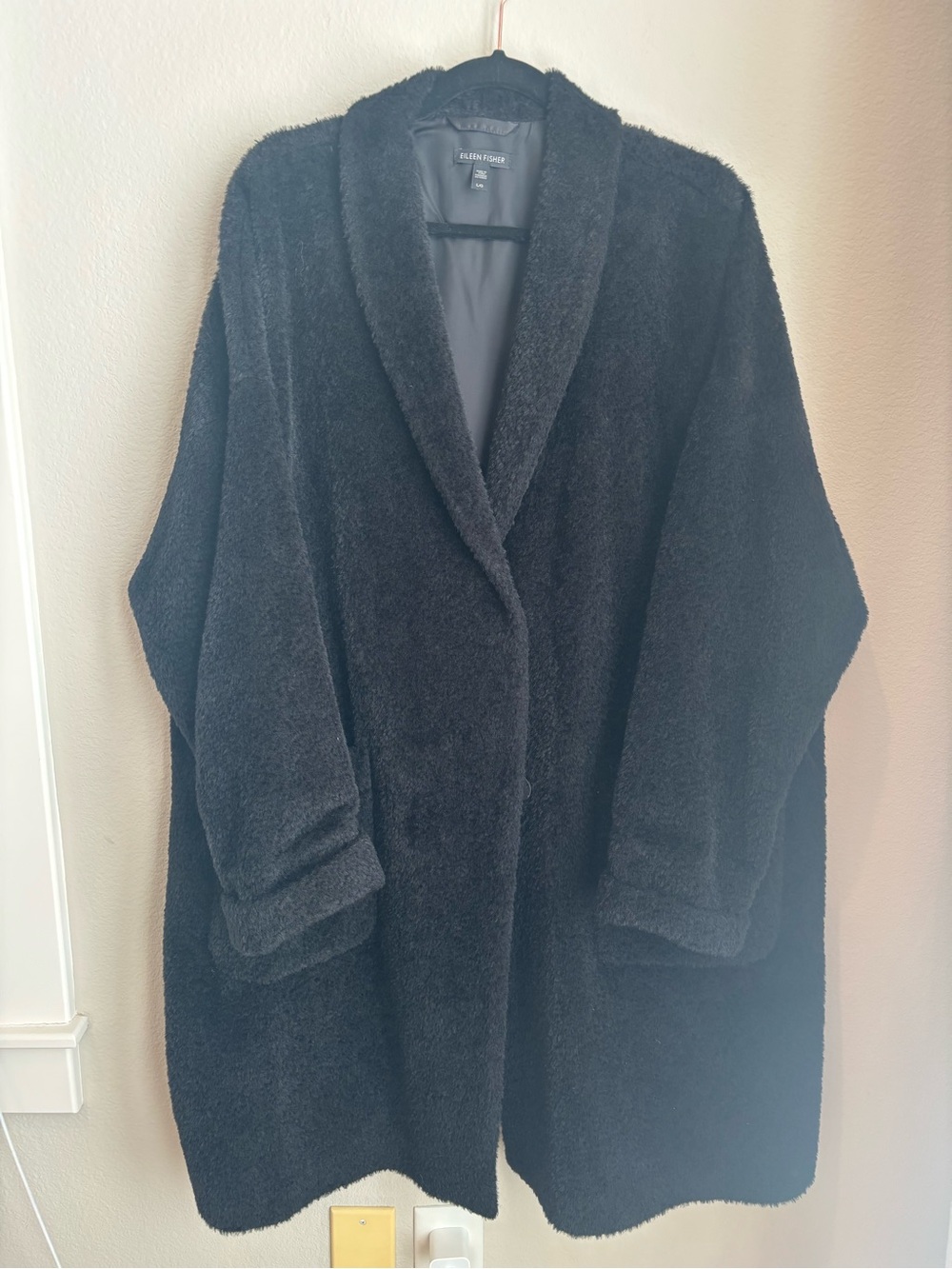 Eileen Fisher New Black Teddy Coat with Shawl Collar